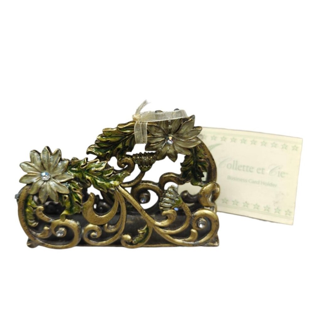 Collette Et Cie Metal Enamel Ornate Floral Business Card Holder Rhinestone New